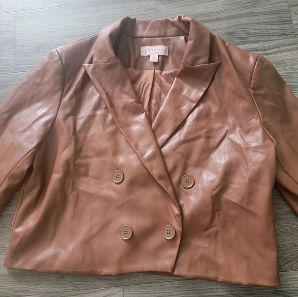 Philosophy Brown Leather Jacket Tailored Cropped Style - Picture 4 of 7